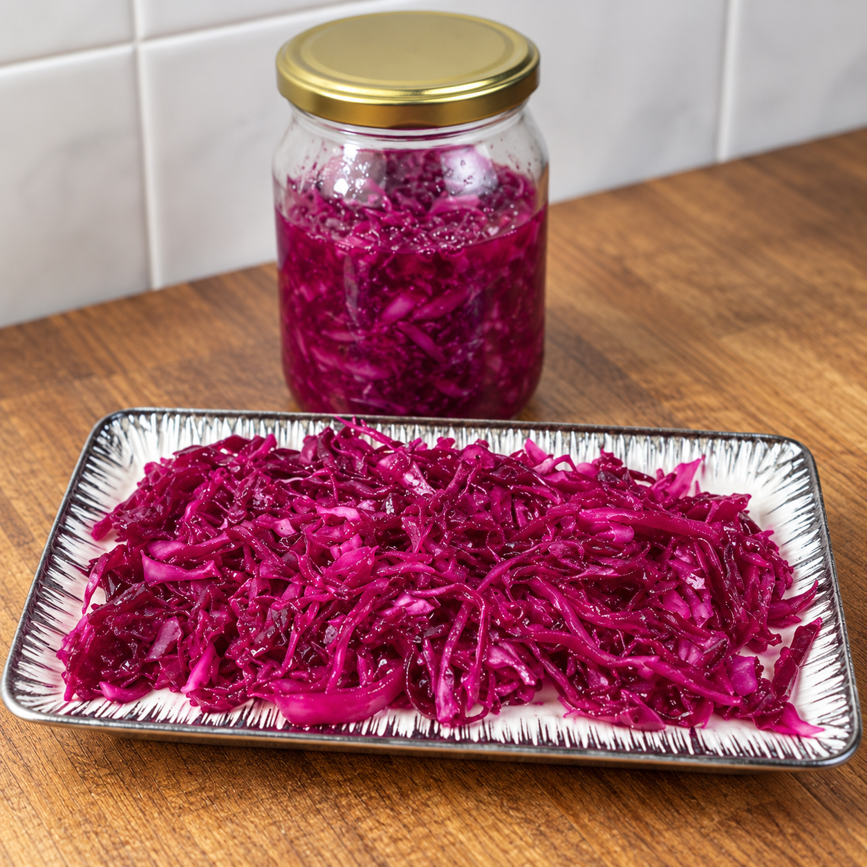Kebab shop red cabbage salad in a tray with a glass jar behind it