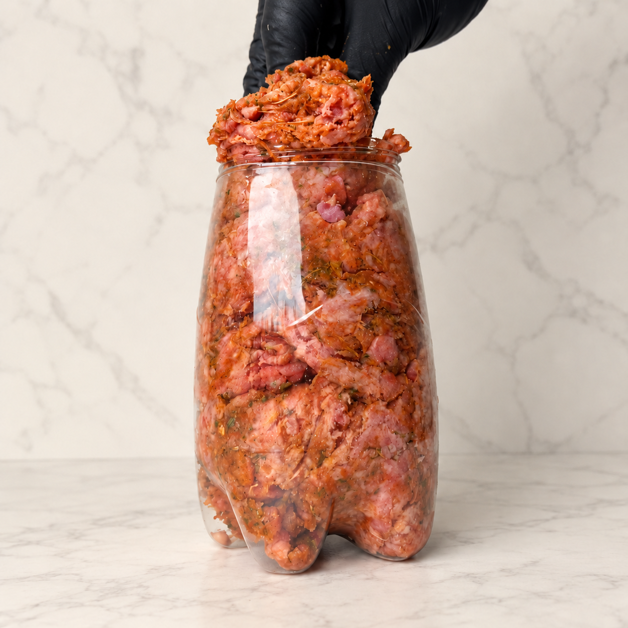 Raw seasoned doner mince packed into a cut plastic bottle mould.