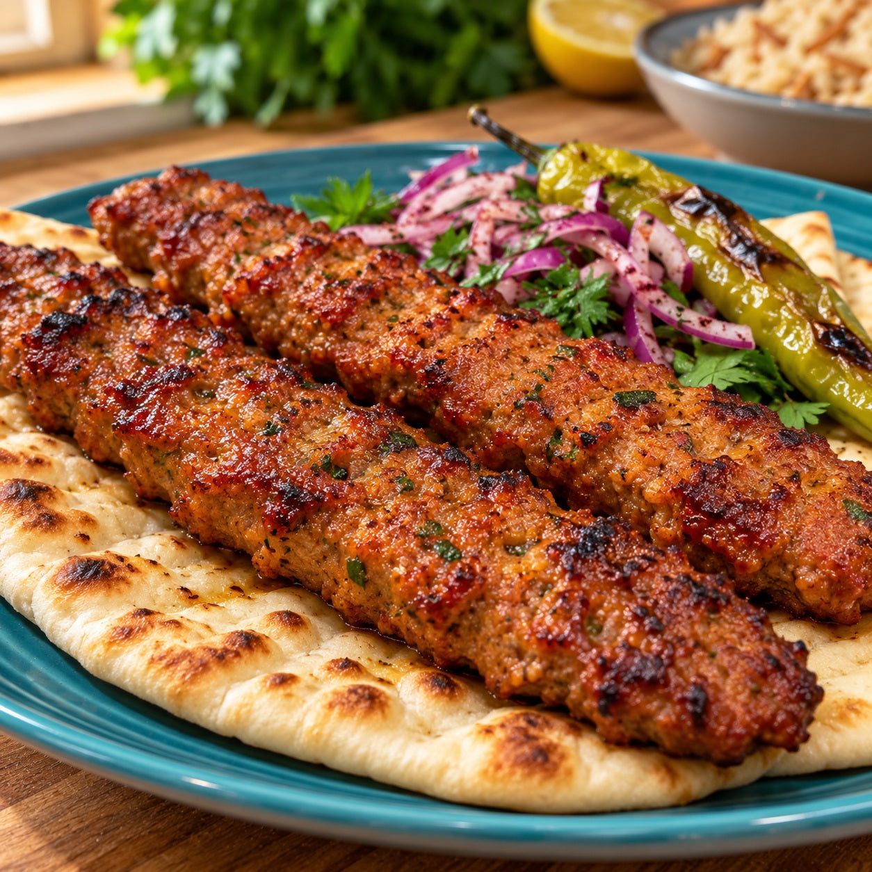 Homemade minced meat kebab skewers on flatbread with red onion salad and grilled green pepper