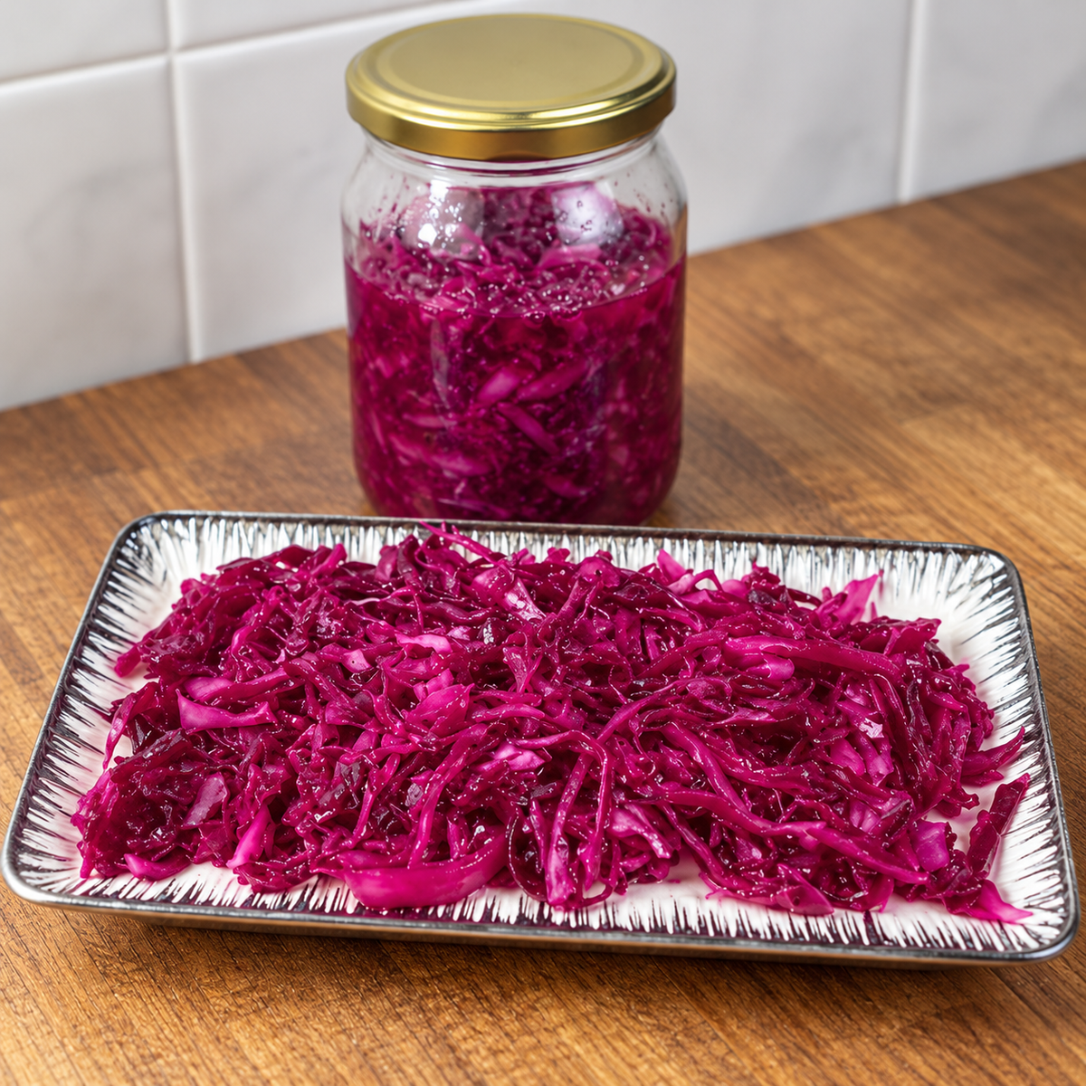 Kebab shop red cabbage salad in a tray with a glass jar behind it